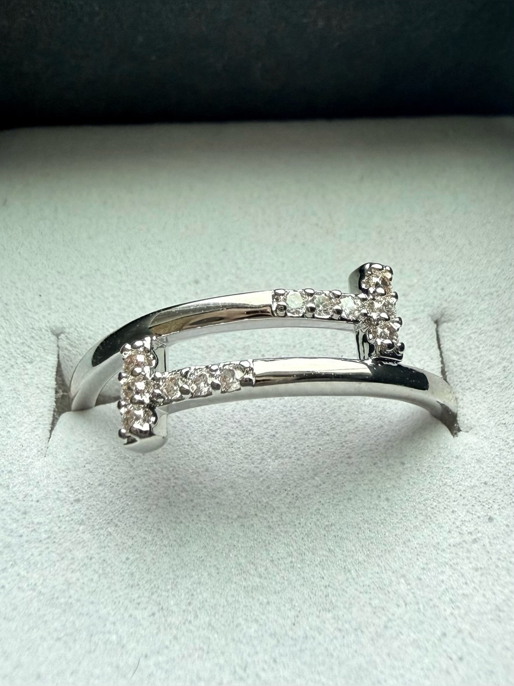NEW! 14k White Gold Plated Pavè Crystal Double Bar “T” Ring - size 7